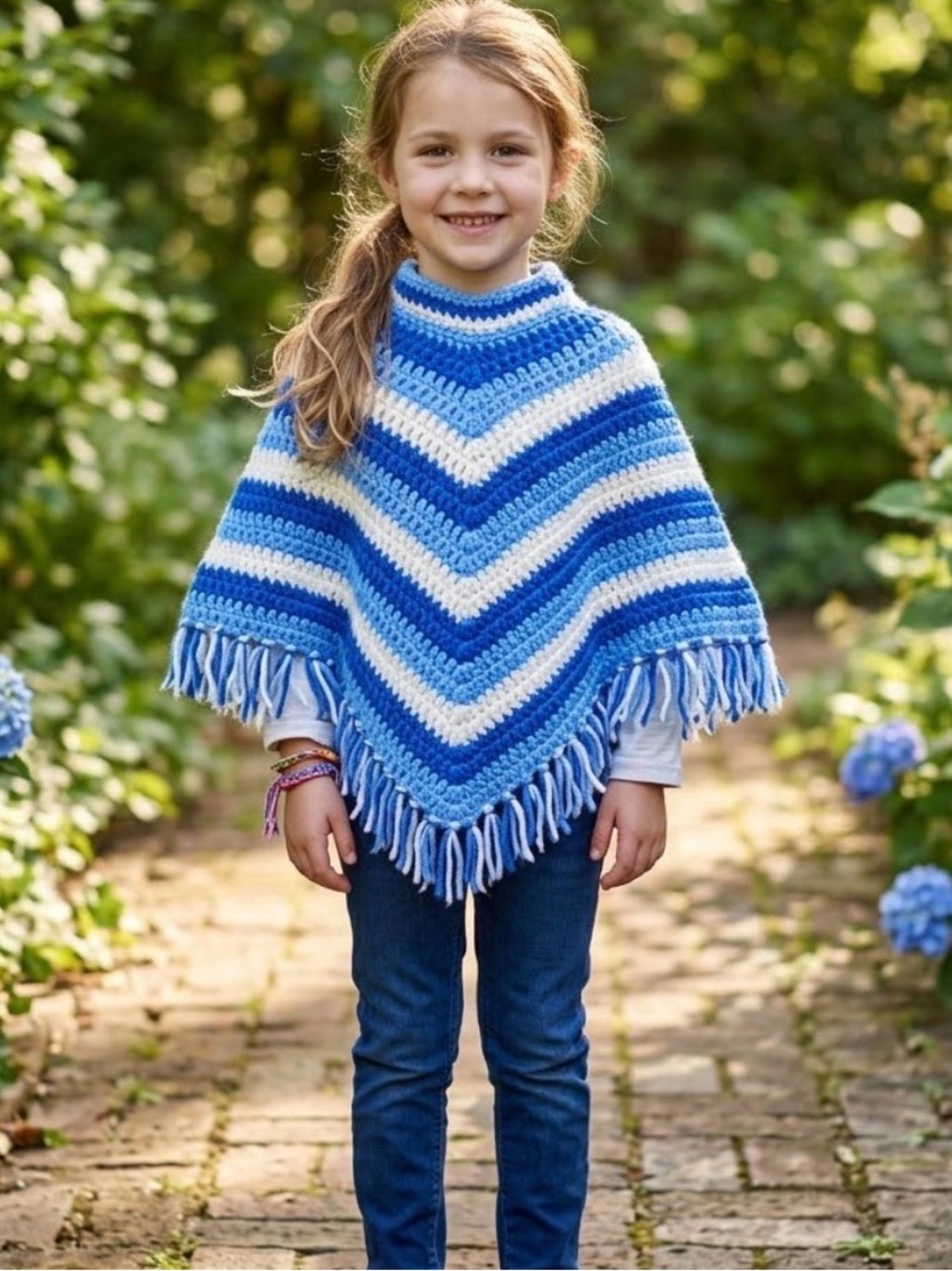 Handmade crochet Poncho Sweater blue white stripes Child Size Boho